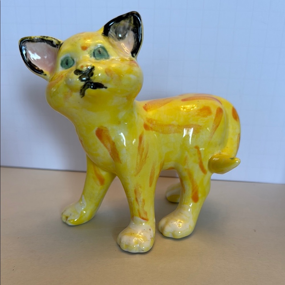 Yellow and Orange Ceramic Cat Figurine